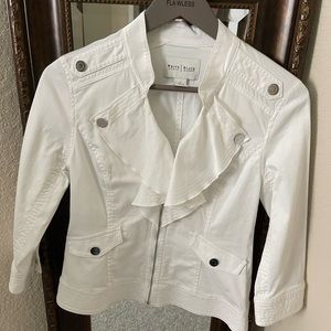 White jacket with silver buttons, ruffle collar